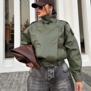 women’s oversized faux leather jacket – high neck streetwear