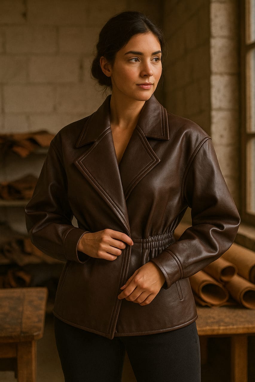 women’s brown leather jacket handmade by leather manufacturer pakistan