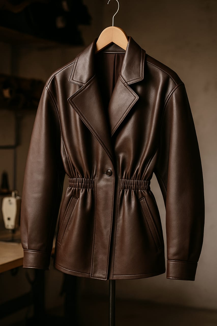 women’s brown leather jacket back view handmade leather