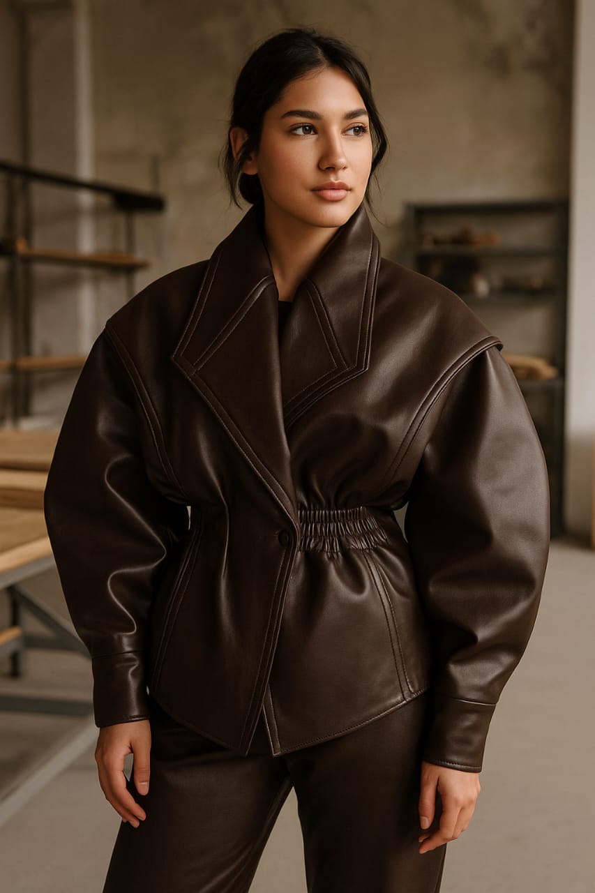 handmade women’s brown leather jacket stitching sleeve detail