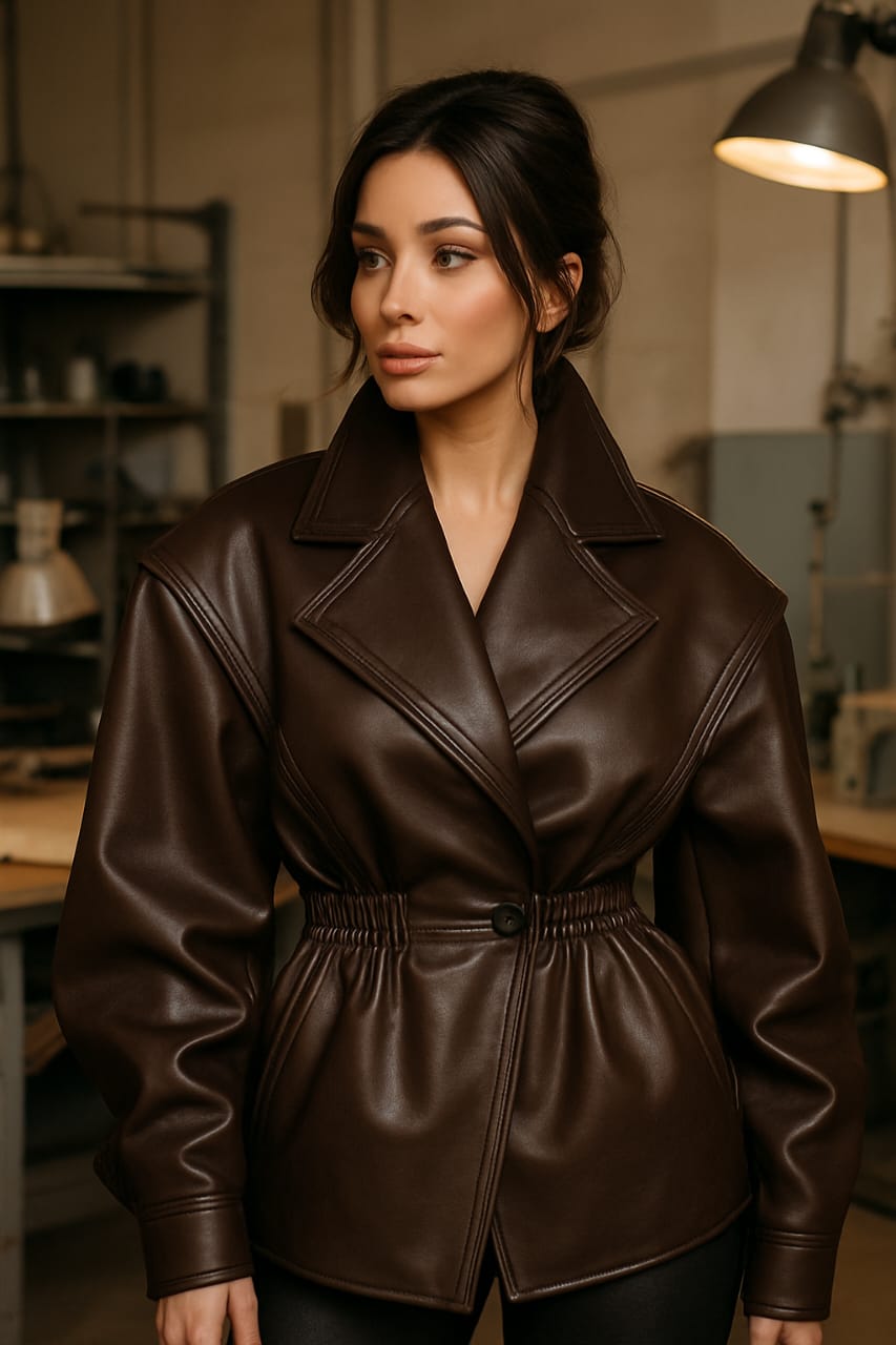 women’s brown leather jacket waist belt detail genuine leather